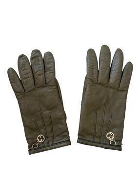 Gucci Olive Green Leather Cashmere Lined Interlocking G Charm Gloves Size 7.5
